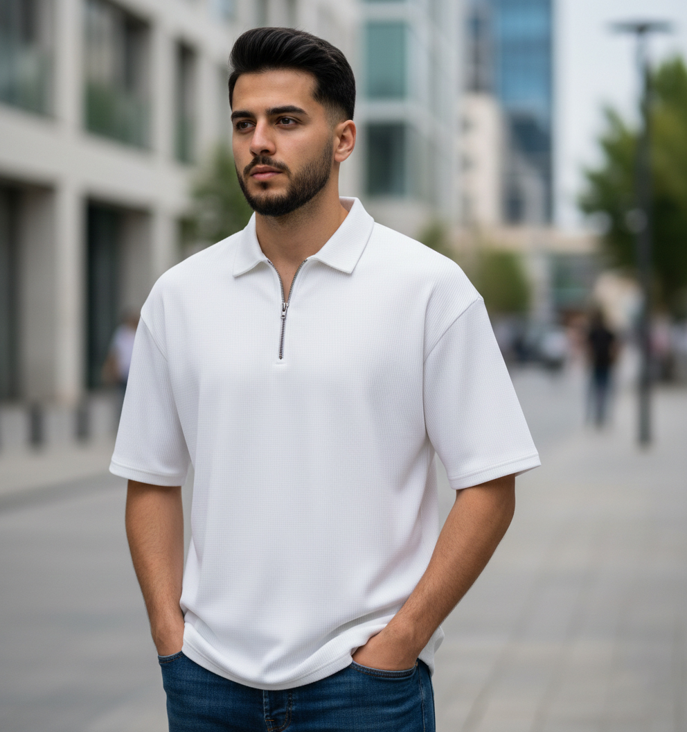 تیشرت مردانه یقه زیپ دار سفید مدل Arban