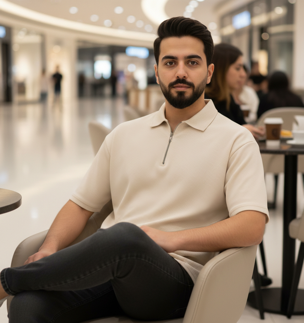 تیشرت مردانه یقه زیپ دار کرم مدل Arban